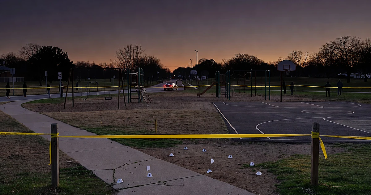 Empty park at dusk with police tape and evidence markers, red car silhouette departing in background
