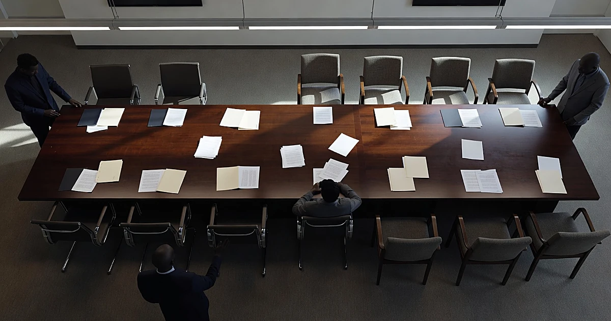 Overhead view of boardroom table with chairs being rearranged, showing four new seats replacing old ones