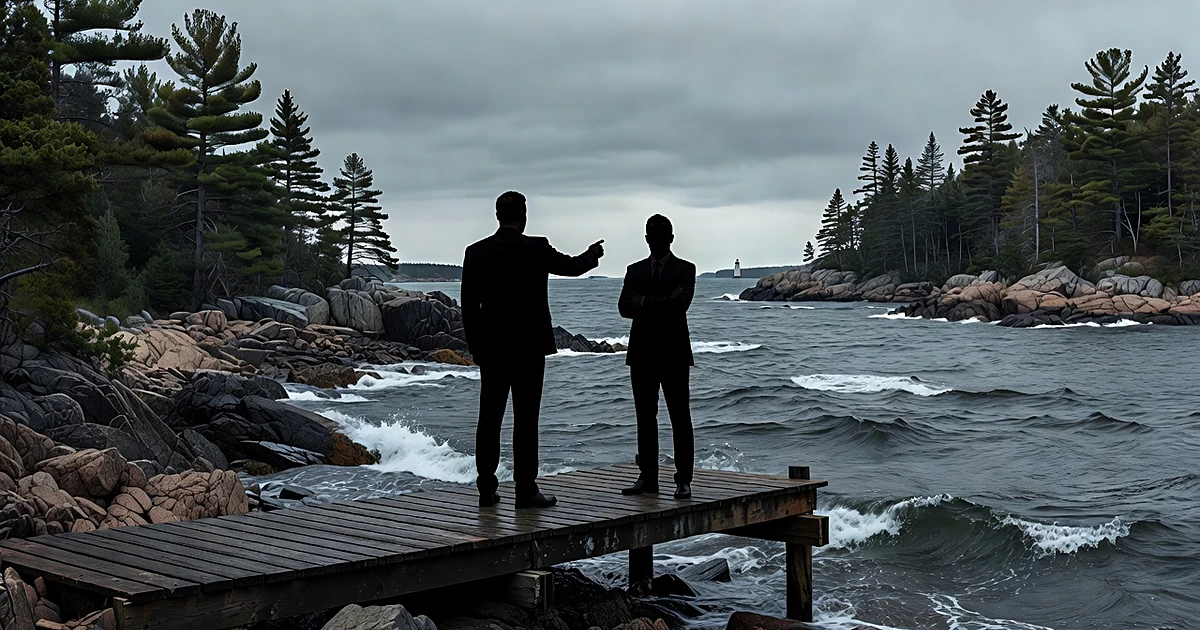 Two silhouettes on Maine dock with lighthouse and pine trees, suggesting political partnership