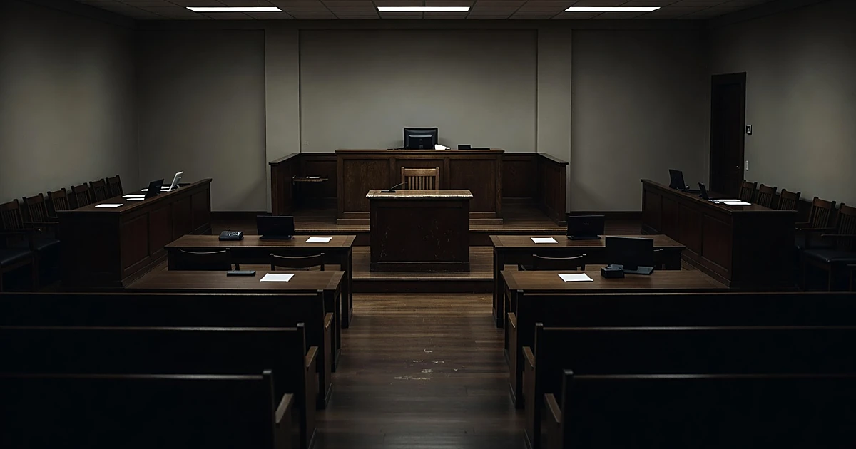 Empty courtroom with judge's bench and wooden furniture under harsh lighting, conveying legal proceedings
