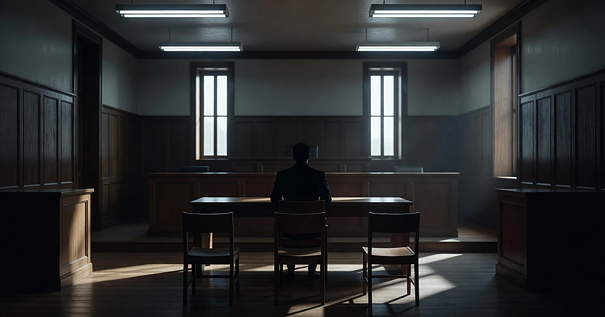 Empty courtroom with silhouetted figure at defense table and three small vacant chairs in foreground