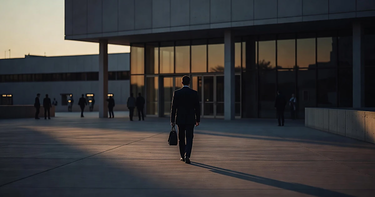Silhouetted figure in suit walking away from government building at dusk carrying briefcase