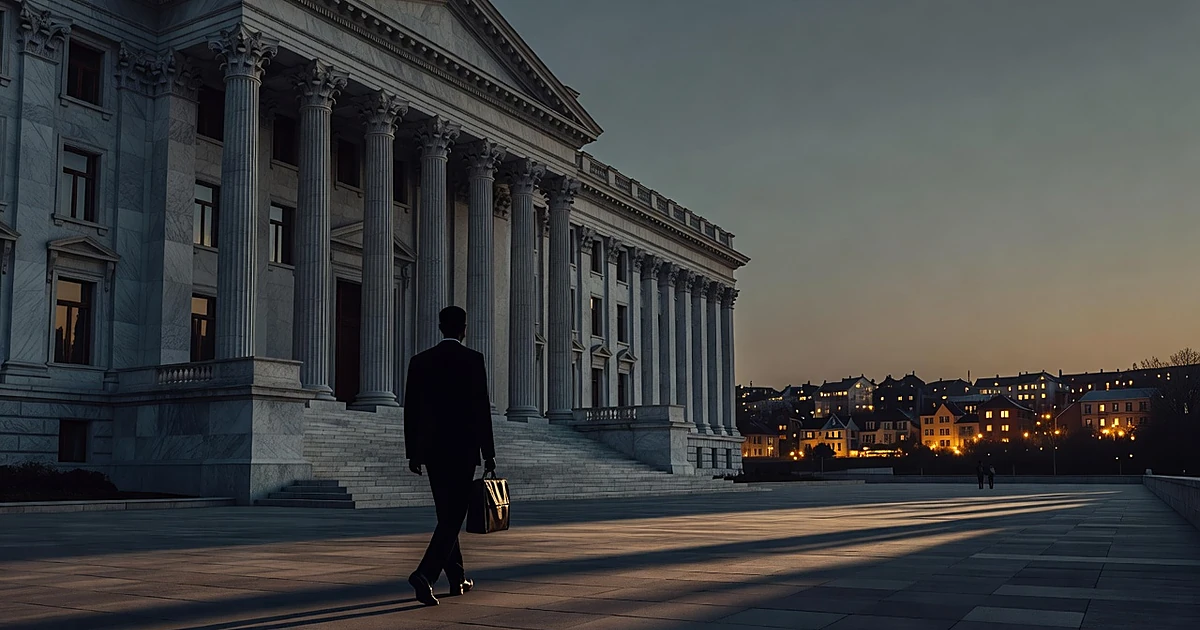 Silhouetted figure walking away from government building toward distant neighborhood at dusk