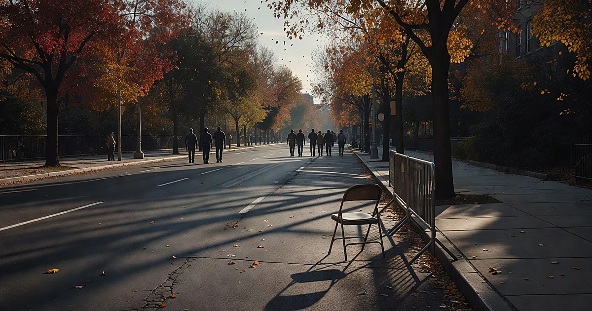 Empty parade route with vacant chair and silhouettes of organizers standing with backs turned on autumn street