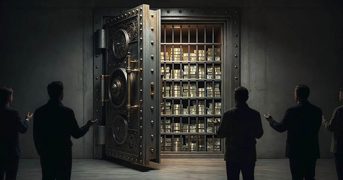 Vault with cash inside while silhouetted figures stand outside with empty hands extended toward locked money