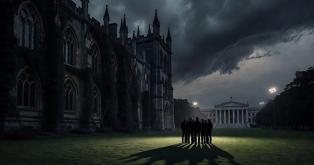 Seven silhouetted figures stand before Gothic university building with government structure in distance under dark skies