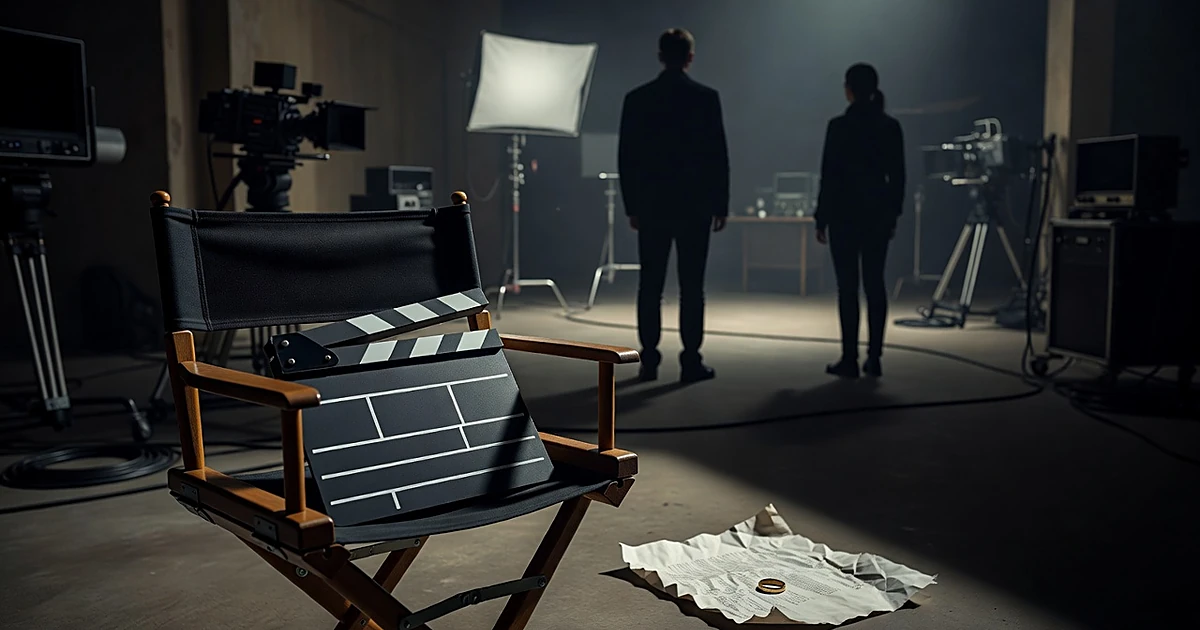 Silhouetted figures on film set with abandoned wedding ring on script, depicting behind-the-scenes Hollywood affair