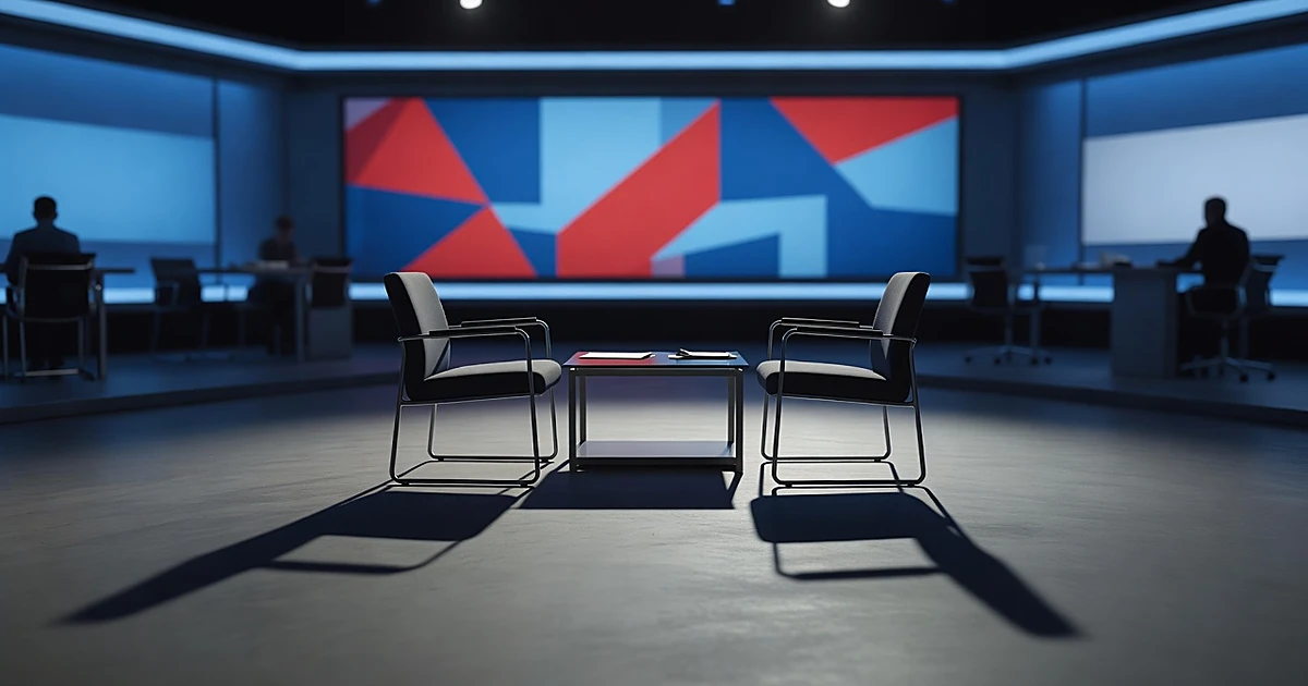 Empty TV studio chairs casting contrasting shadows, one small and one large, in blue political lighting