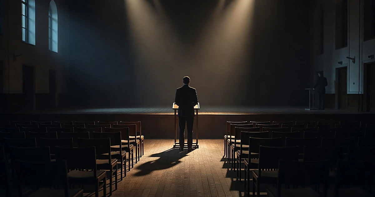 Silhouetted figure at podium on empty stage with another figure in wings, casting shadows in dimly lit auditorium