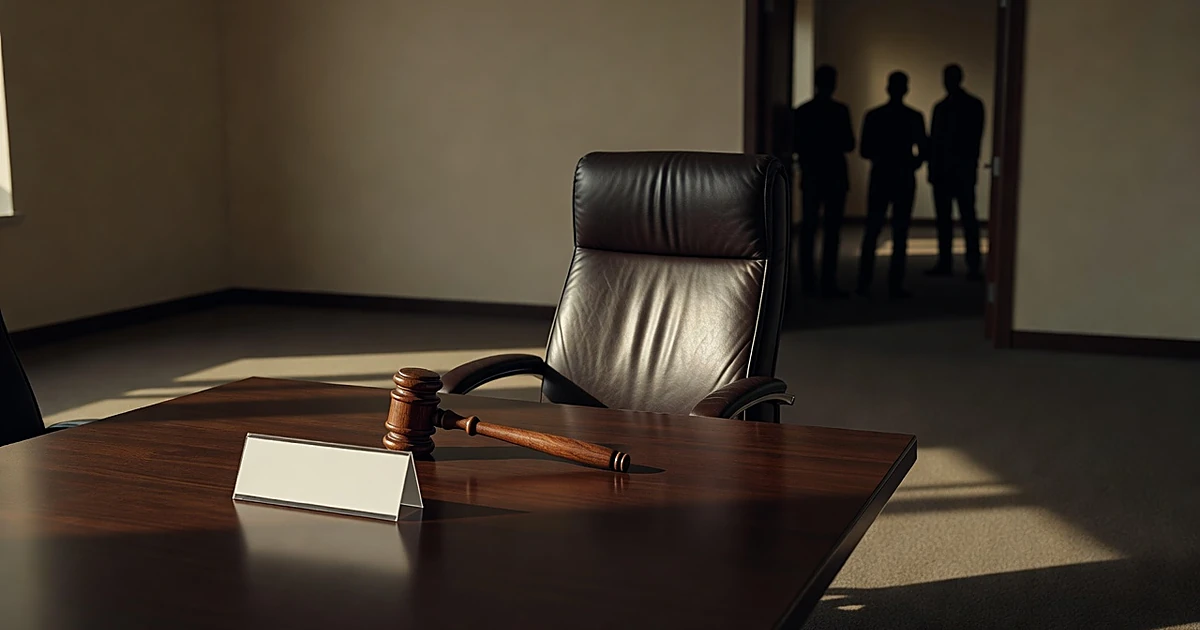 Empty chair at meeting table with gavel and blank nameplate, silhouetted figures in background doorway