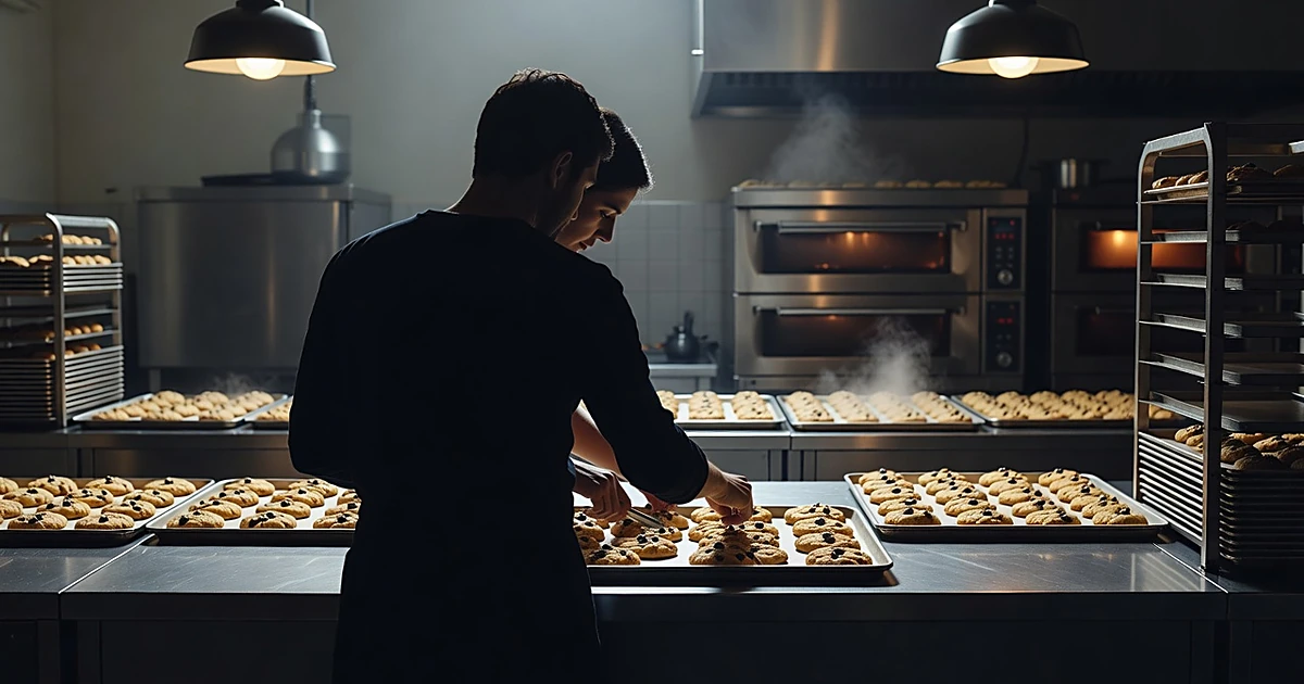 Two silhouetted figures stand close together at a bakery counter with cookies and kitchen equipment
