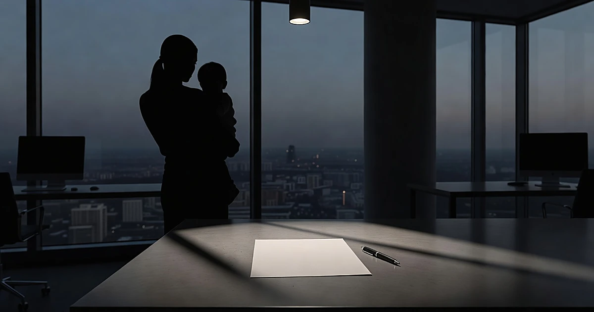 Silhouette of woman with child facing blank contract on desk in modern office with city view