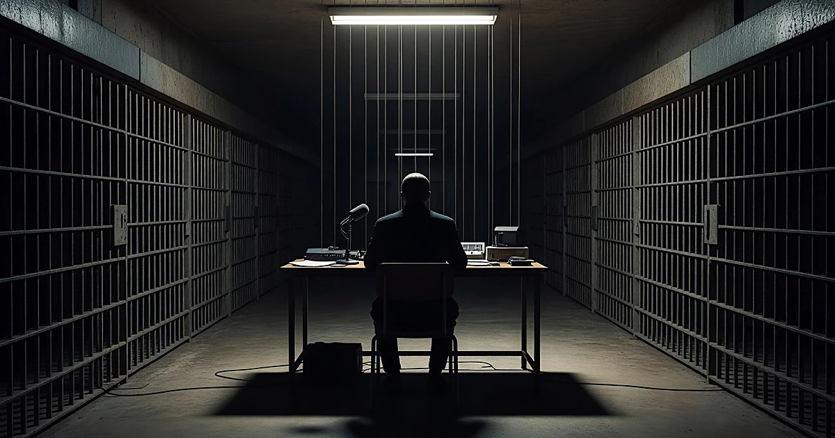 Prison corridor with barred cells behind silhouetted figure at podcast recording desk with puppet strings overhead