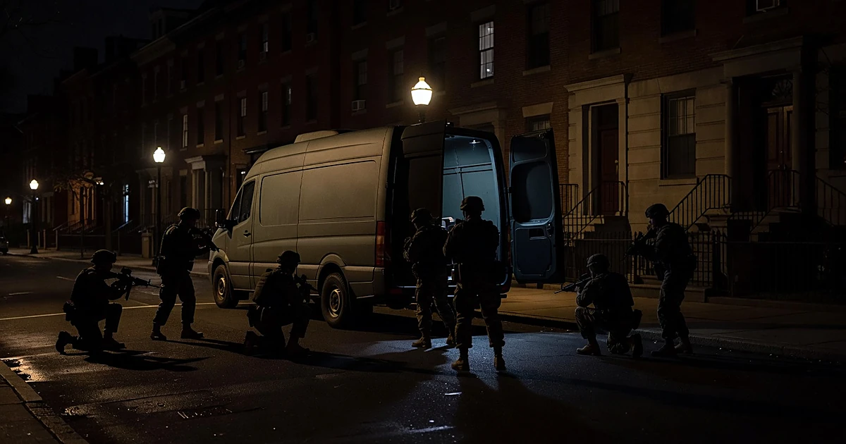 Silhouetted National Guard troops near military van on dark urban street at night with streetlights glowing