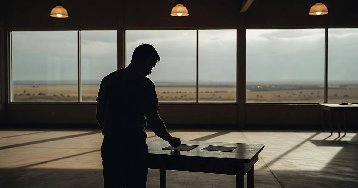 Silhouetted voter at polling booth in Texas with landscape visible through windows