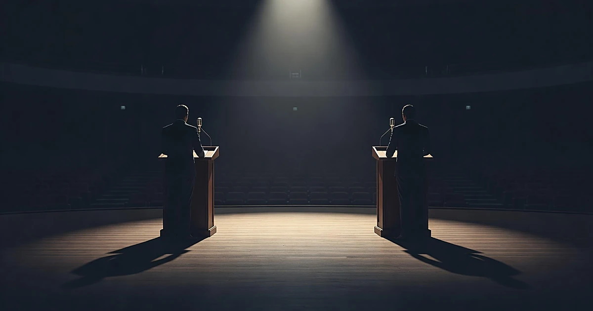 Two empty podiums on opposite sides of a stage with dramatic lighting creating shadows between them