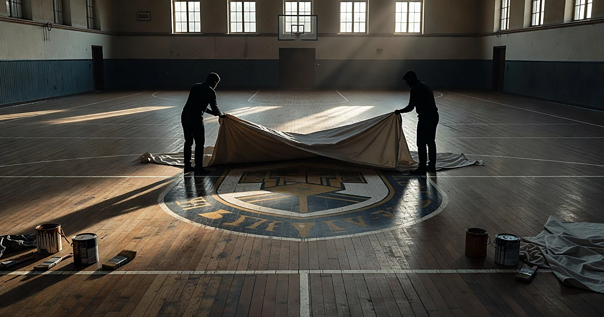 Silhouetted figures pulling back tarp from painted emblem on school gymnasium floor with restoration supplies nearby