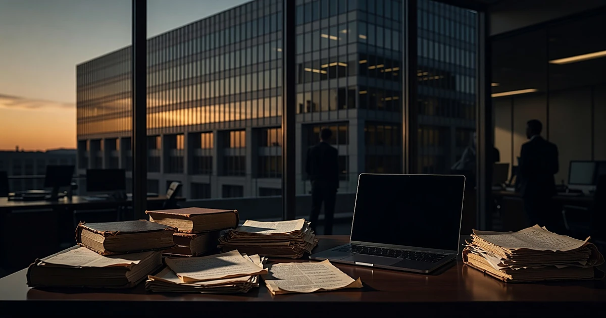 Corporate building at dusk with historical ledgers and modern laptop on desk, symbolizing disclosure of past records