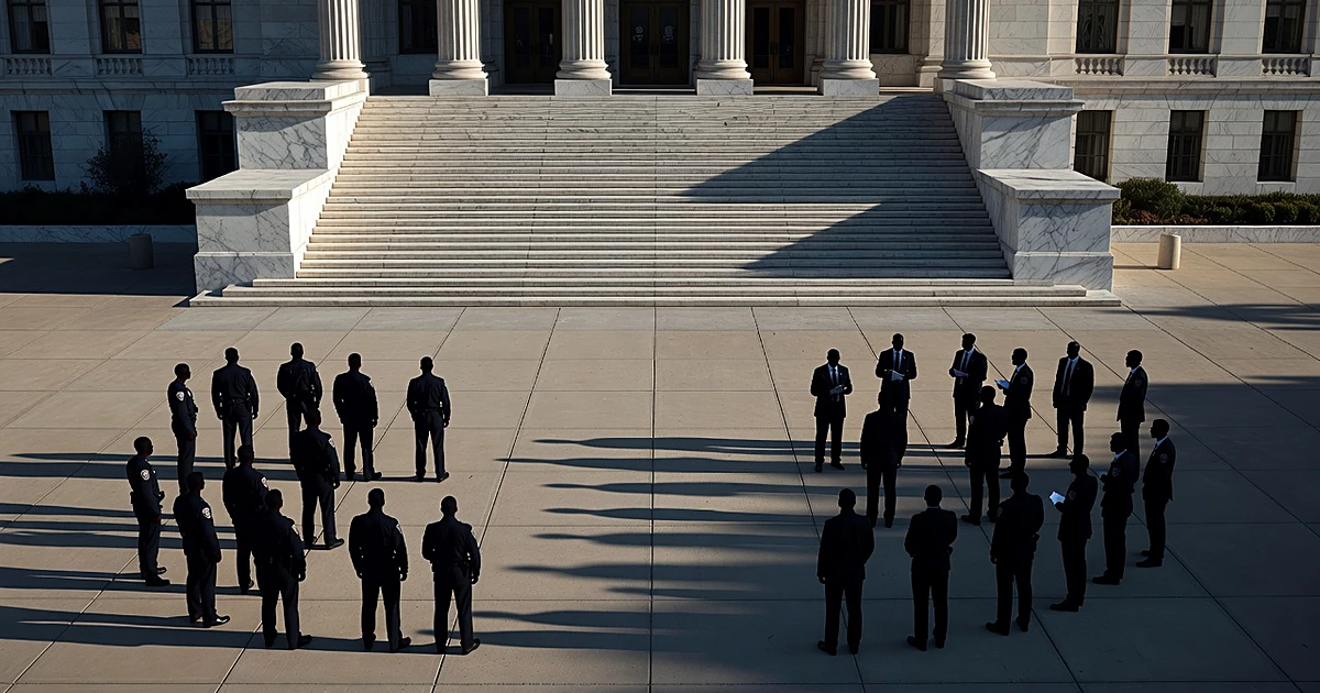 Silhouetted figures representing federal and state officials stand on opposite sides of a government building plaza
