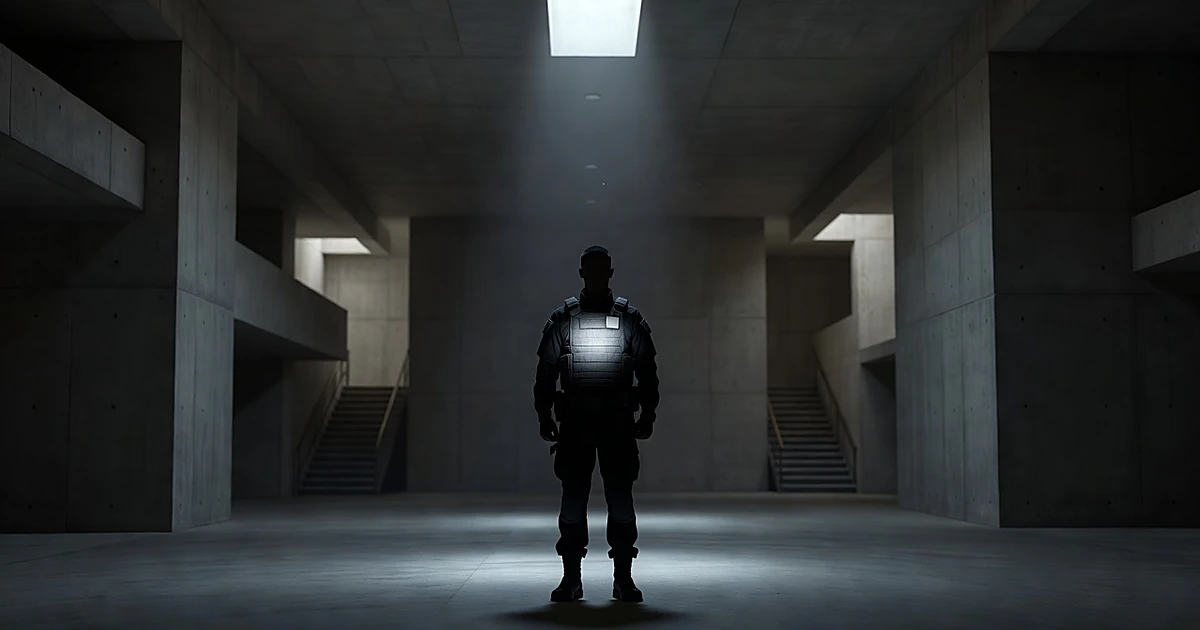 Silhouetted federal agent with blank chest area where ID badge would be, standing in institutional building interior