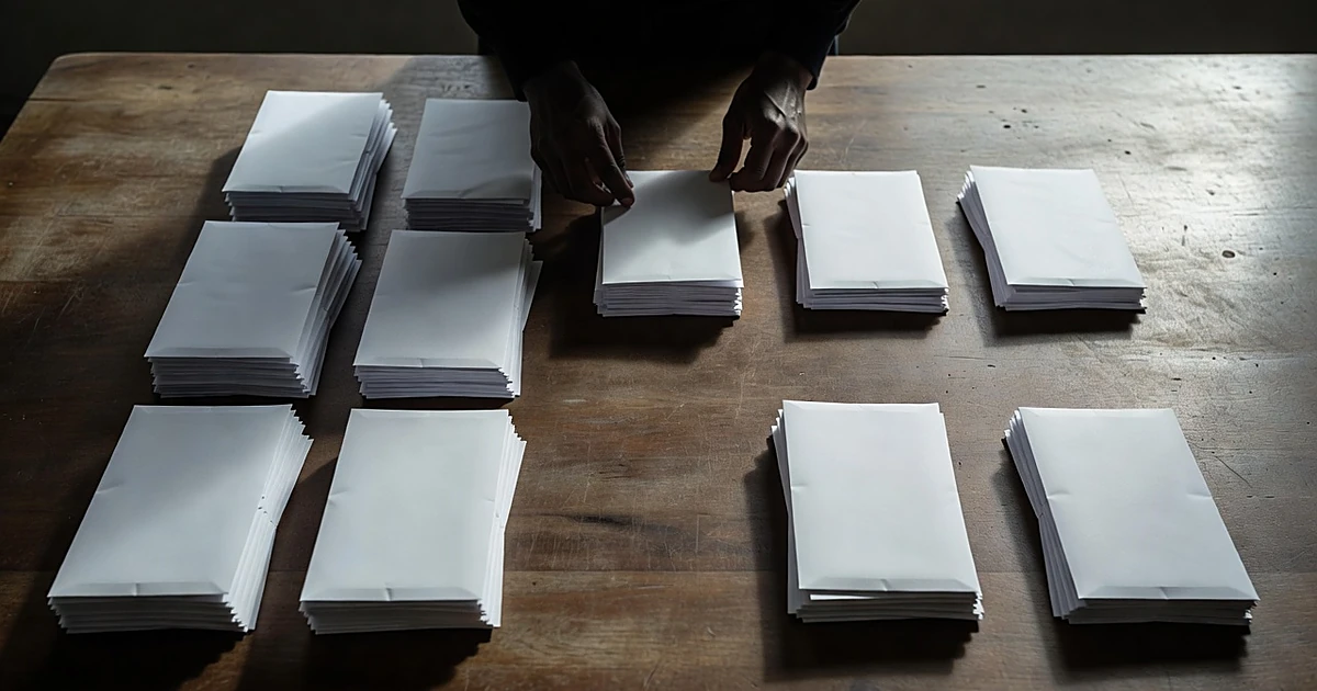 Overhead view of hands sorting blank ballot envelopes into separate piles on a table under fluorescent lighting