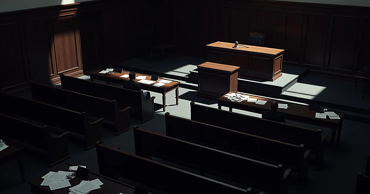 Empty courtroom with judicial bench, gavel, and scattered papers in dramatic lighting showing legal tension