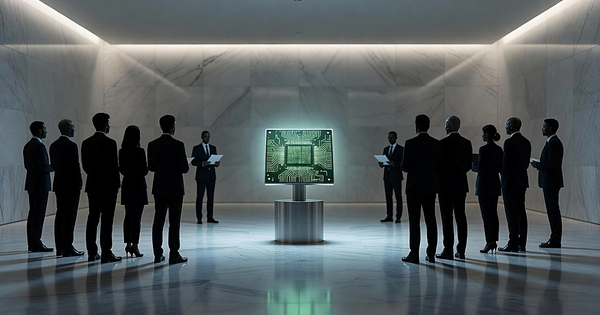 Illuminated computer chip on pedestal with silhouetted figures on both sides in modern interior setting