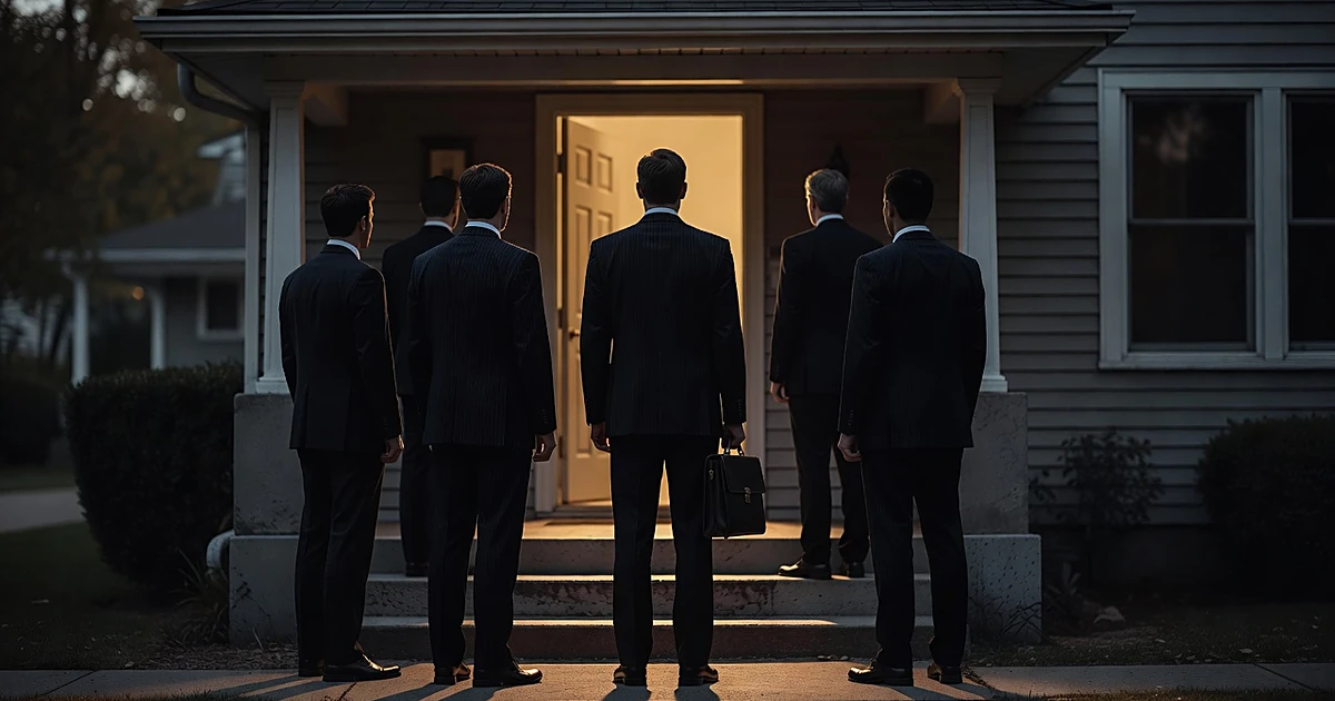 Silhouetted figures in suits standing at a residential doorway at dusk with door ajar and interior light visible