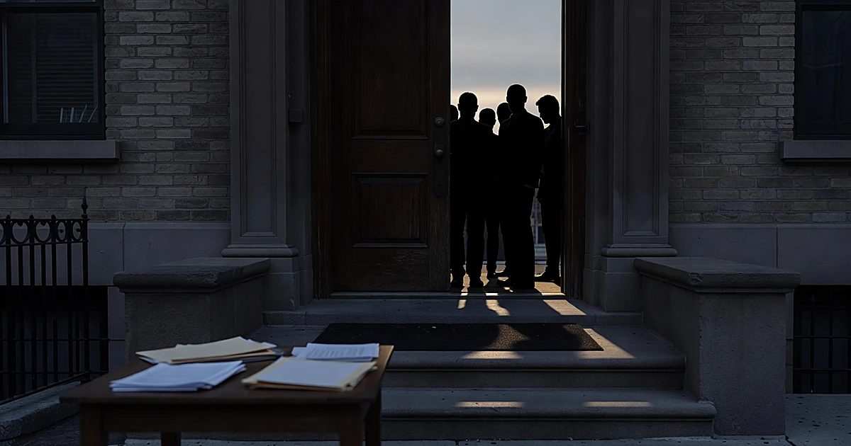 Silhouetted federal agents enter a residential doorway with scattered blank documents in foreground