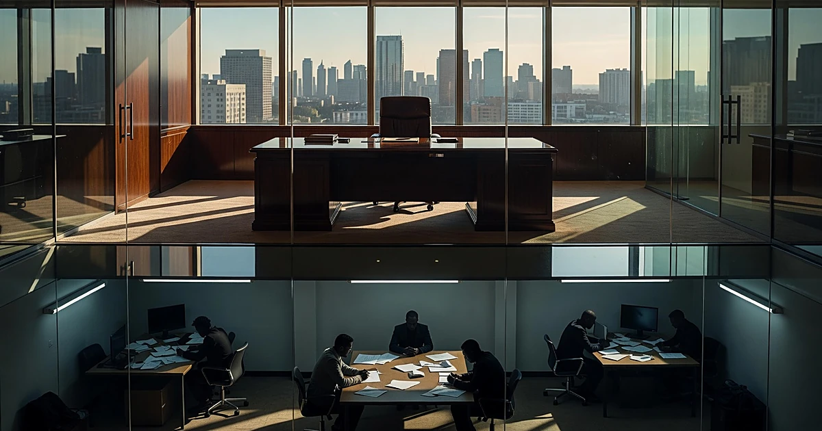 Split-level office showing luxurious executive suite above and crowded worker space below with silhouetted figures