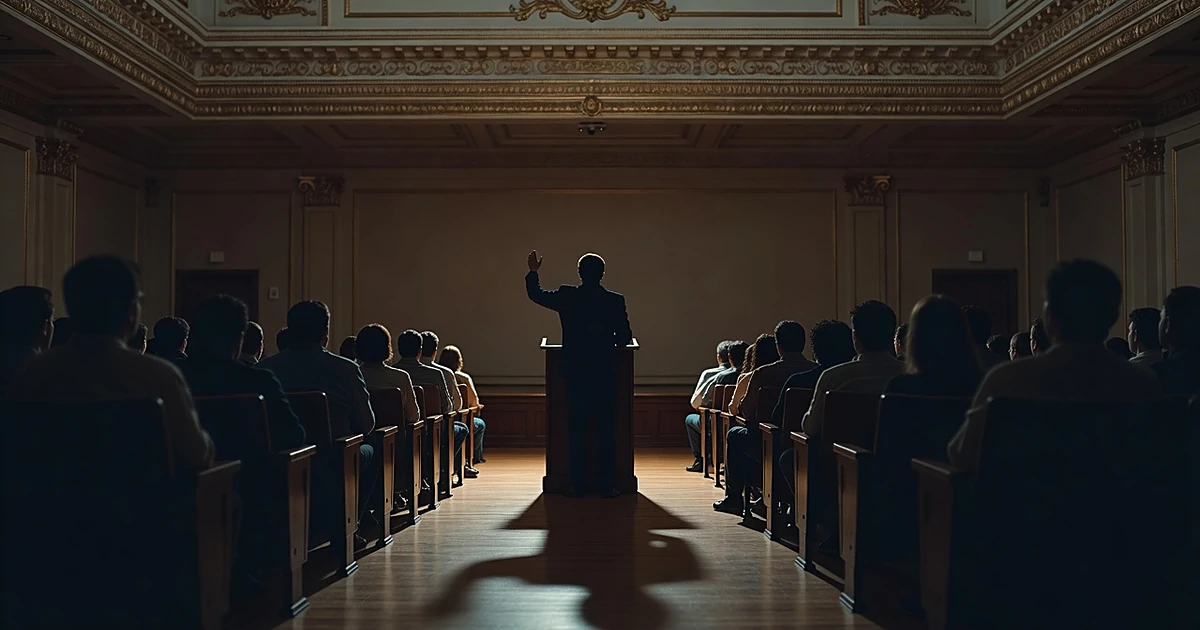 Silhouetted speaker at podium addressing crowd in auditorium with ornate architectural details visible