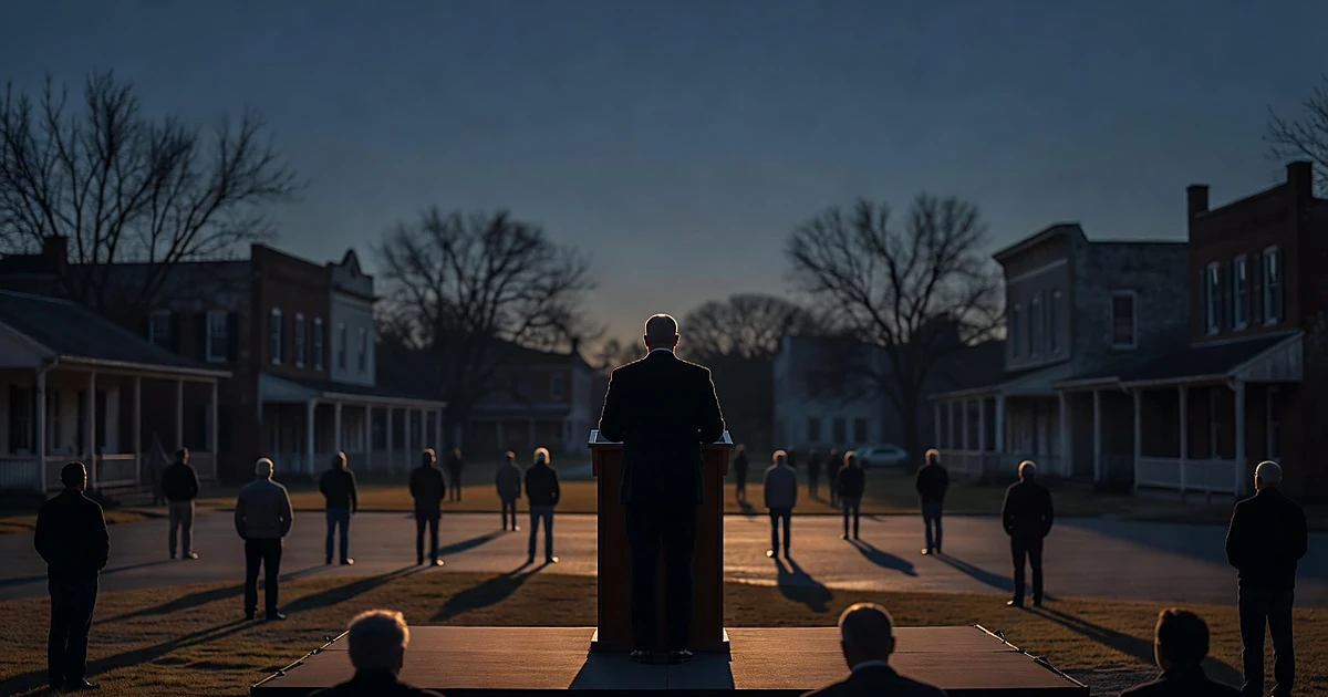 Silhouetted speaker at podium addressing sparse crowd in Mississippi town square at dusk