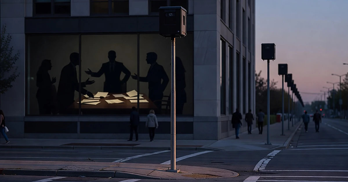 Surveillance pole monitoring traffic at intersection with silhouettes of officials in building discussing legislation