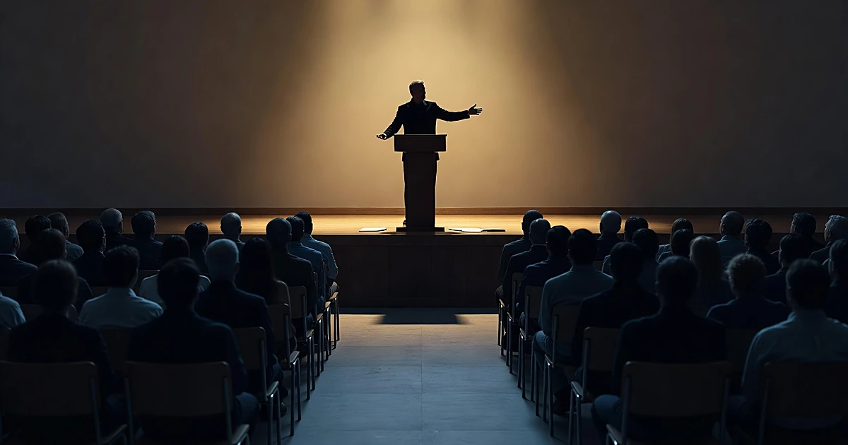 Silhouetted speaker at podium addressing seated audience in town hall setting with dramatic stage lighting