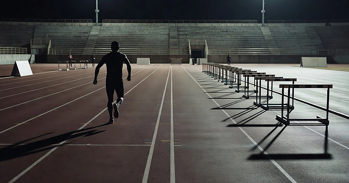 Silhouetted athlete running on divided track lanes under stadium lights with empty bleachers in background