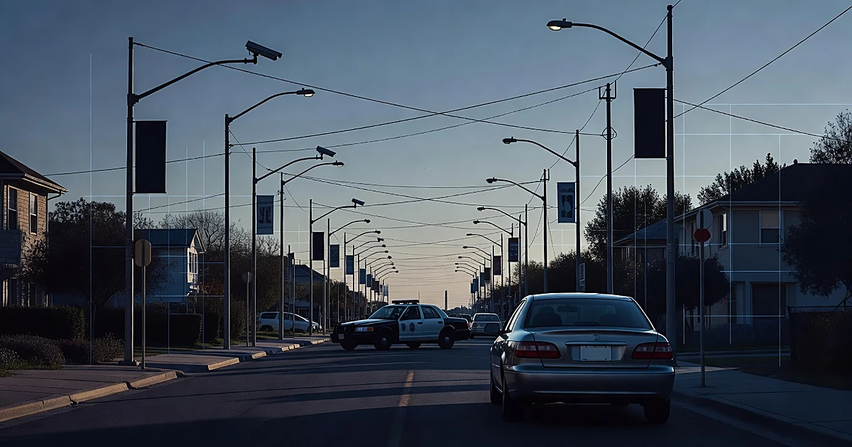 Silhouetted police car behind civilian vehicle with surveillance camera network overhead against evening sky