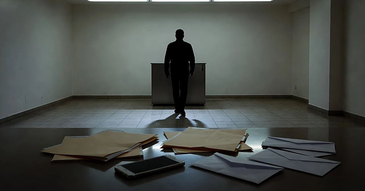 Silhouetted figure near ballot box with phone and blank documents on table in government building interior