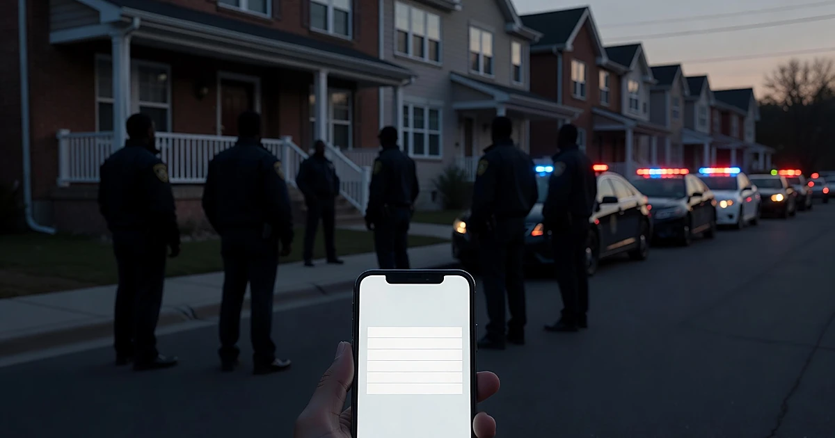 Silhouetted officials at a residence at dawn with emergency vehicle lights, smartphone showing donation screen in foreground