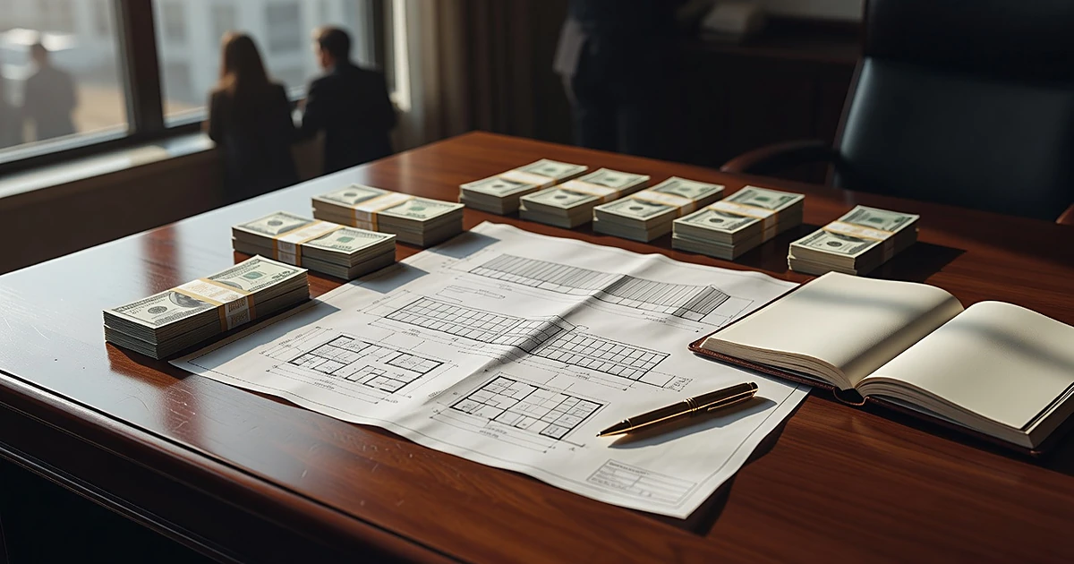 Overhead view of office building blueprints on desk surrounded by cash bundles and financial documents