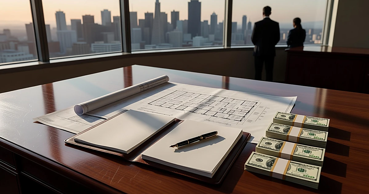 Overhead view of desk with office building blueprints, cash stacks, and property documents with city skyline beyond