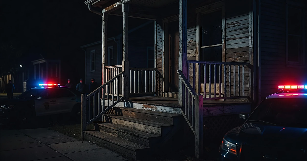 Night scene of urban porch illuminated by police emergency lights with empty steps and shadowed doorway