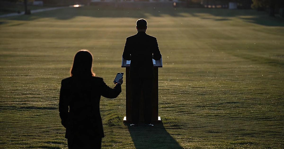 Silhouetted figure at podium on lawn speaking to press, backlit by morning light with long shadows