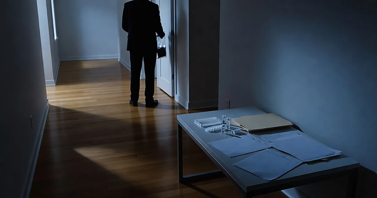 Silhouetted investigator with evidence bag stands in dim hallway near DNA testing kit and documents on table