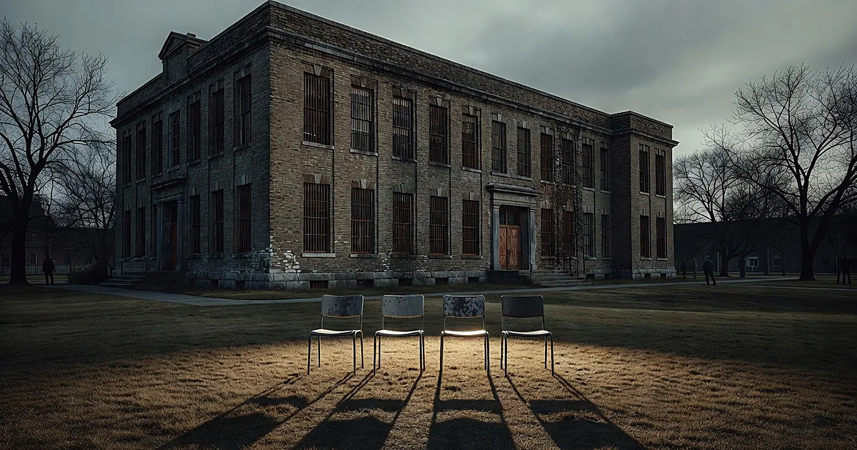Empty chairs before an old institutional building with barred windows under overcast sky