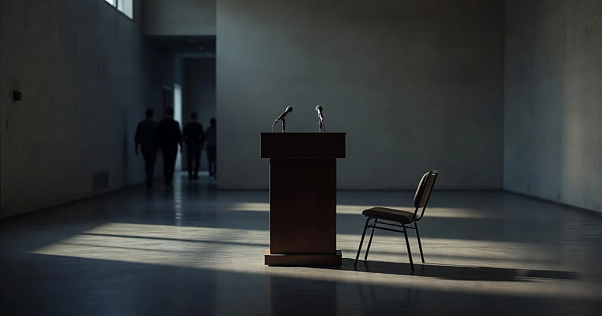 Empty podium with microphones in stark room with dramatic shadows and overturned chair suggesting sudden departure