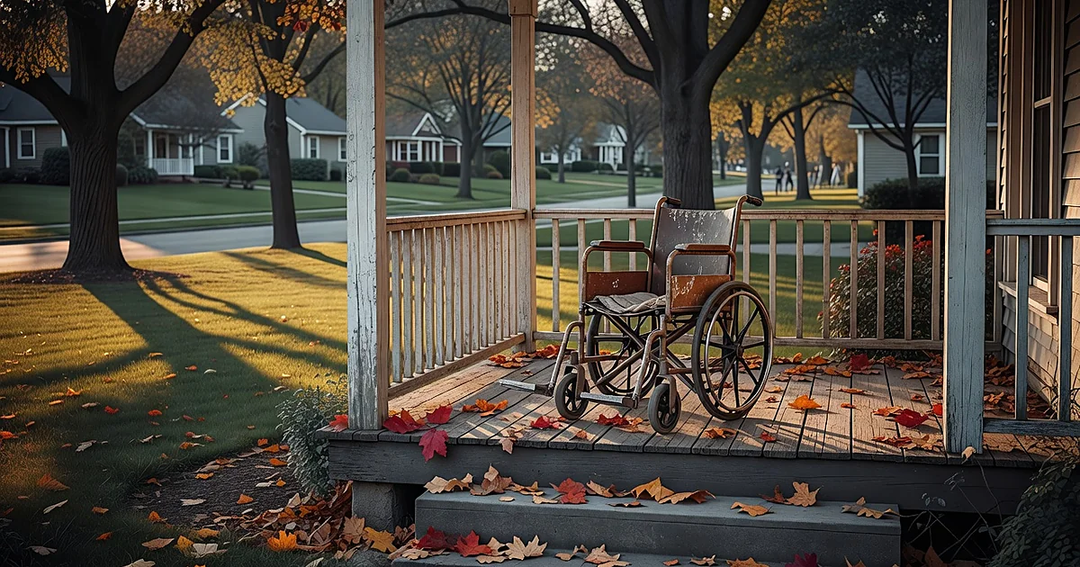 Empty wheelchair on a residential porch surrounded by autumn leaves in golden afternoon light