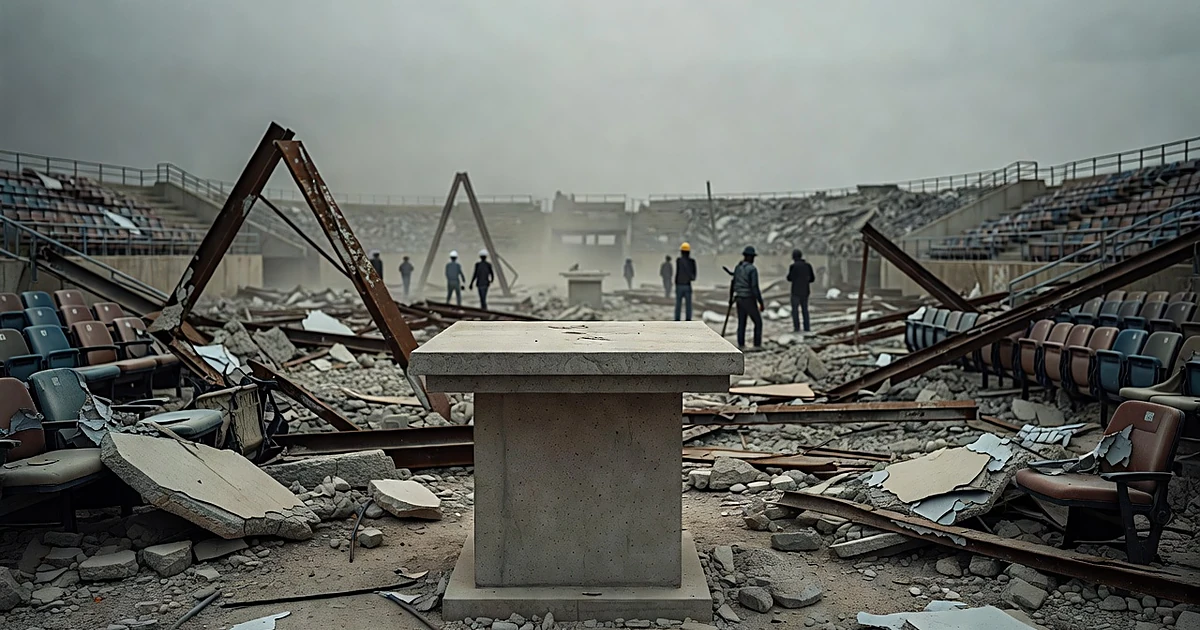 Empty pedestal surrounded by demolition debris on former stadium grounds with workers silhouetted in background