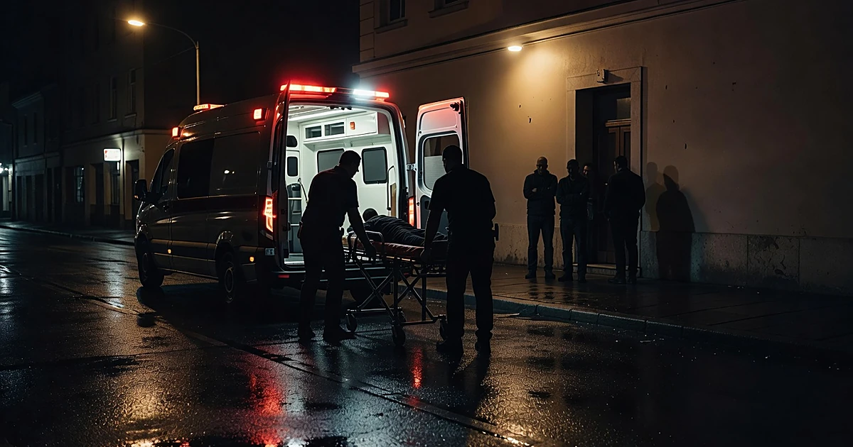 Ambulance with emergency lights outside bar entrance at night as paramedic silhouettes load stretcher