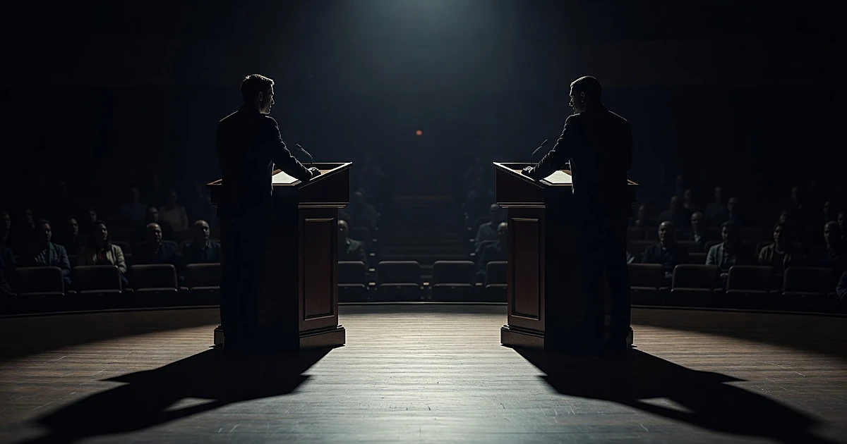 Two silhouetted figures at opposing podiums on a debate stage with audience shadows in background