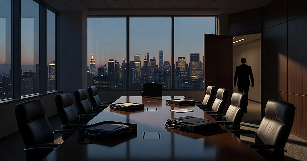 Empty conference room with abandoned briefcases and silhouetted figure leaving through doorway at dusk